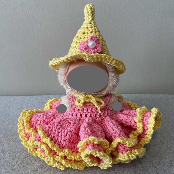 Handmade Crochet Pink Yellow Gown Fairy Witch Outfit for 17cm Doll 2-Piece Set - Picture 1 of 8